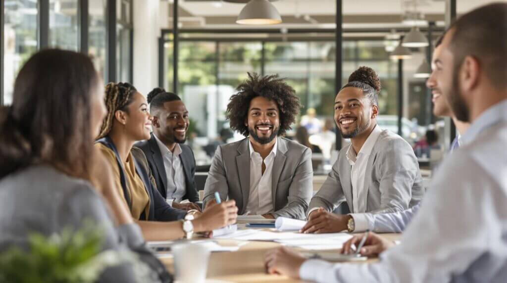 Diverse team in a meeting, smiling