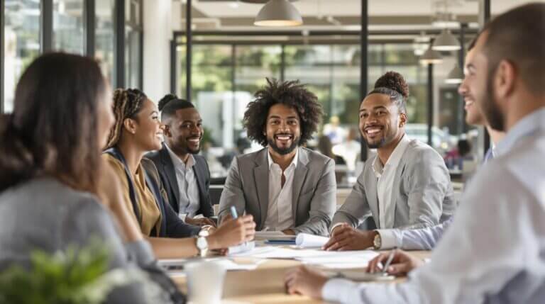 Diverse team in a meeting, smiling