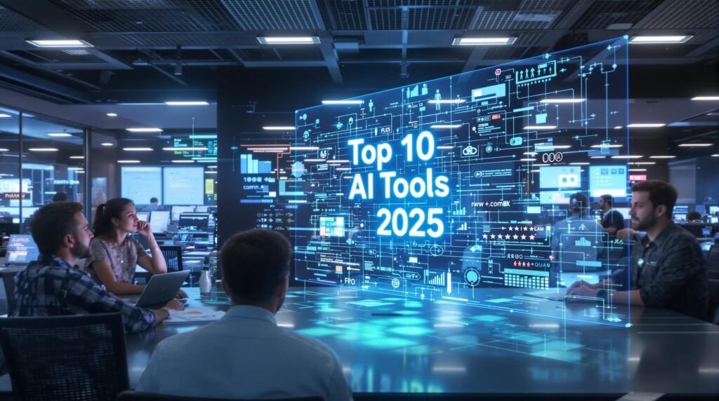 Équipe regardant « Top 10 des outils d'IA 2025 » sur un écran numérique