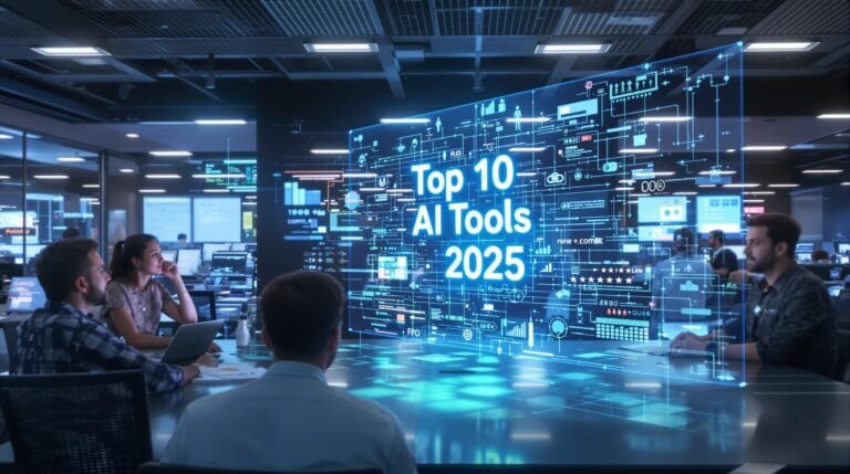 Équipe regardant « Top 10 des outils d'IA 2025 » sur un écran numérique