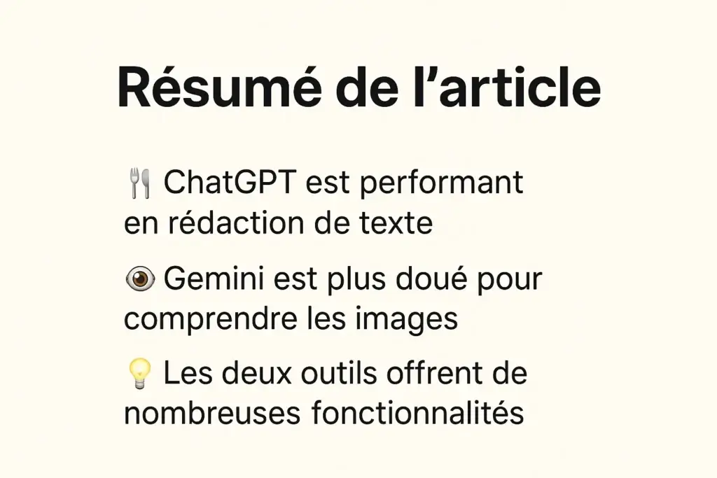 résumé article ChatGPT vs Gemini image avec un résumé en 3 lignes de l'article ChatGpt vs Gemini