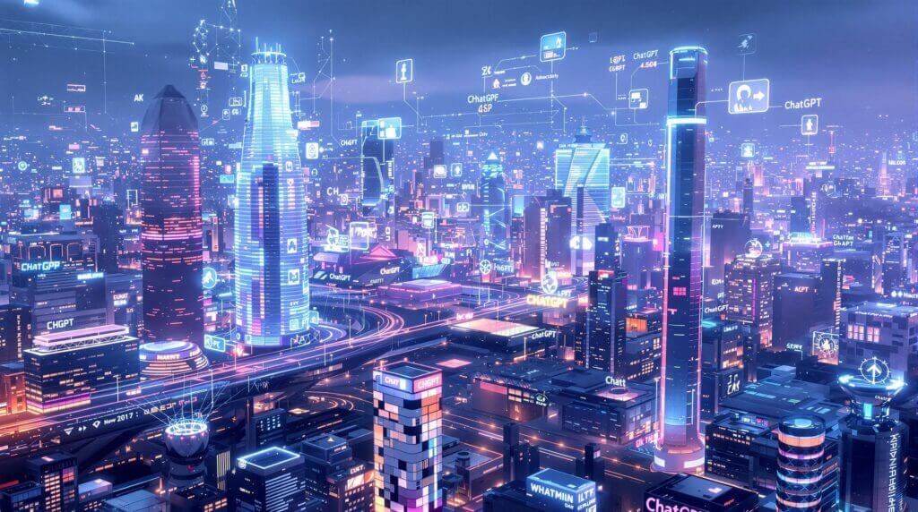 Futuristic cityscape with ChatGPT 4.5 branding and neon lights.
