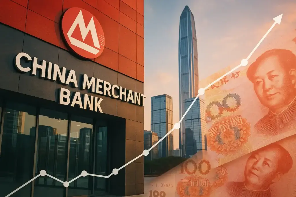 image principate china merchant bank, façade d'une banque avec des billets chinois