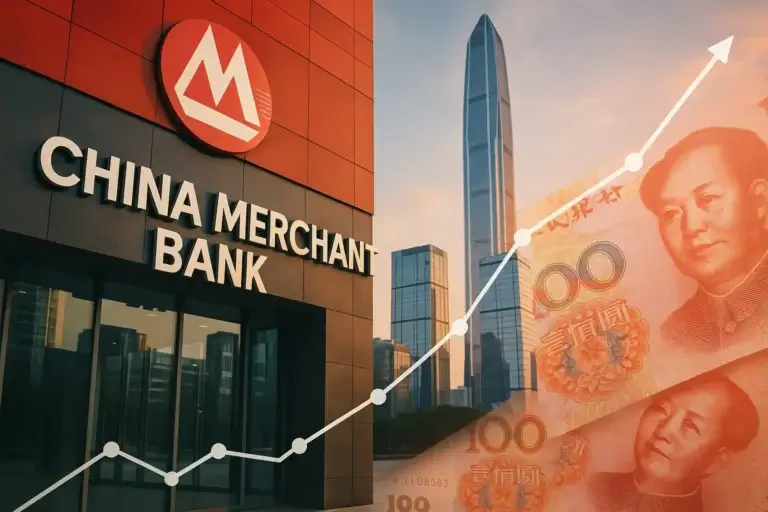 image principate china merchant bank, façade d'une banque avec des billets chinois