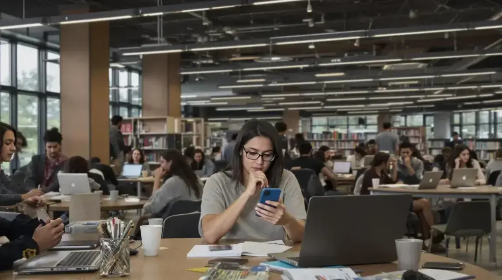 scrolller-etudiante-bibliothèque Une étudiante qui est en train de scrolller sur son téléphone dans une bibliothèque
