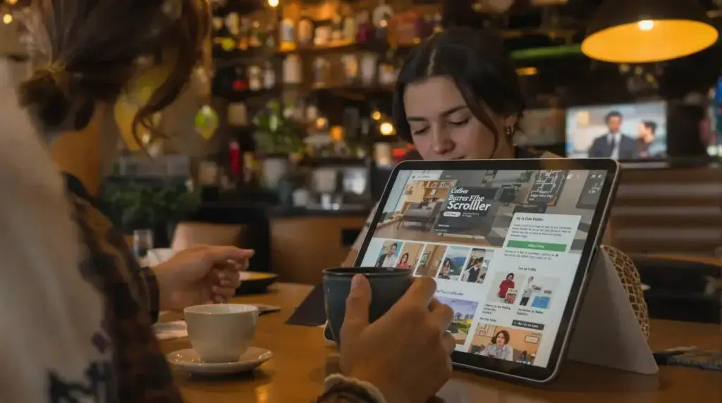 scrolller-tablette Scrolller sur une tablette en buvant son café