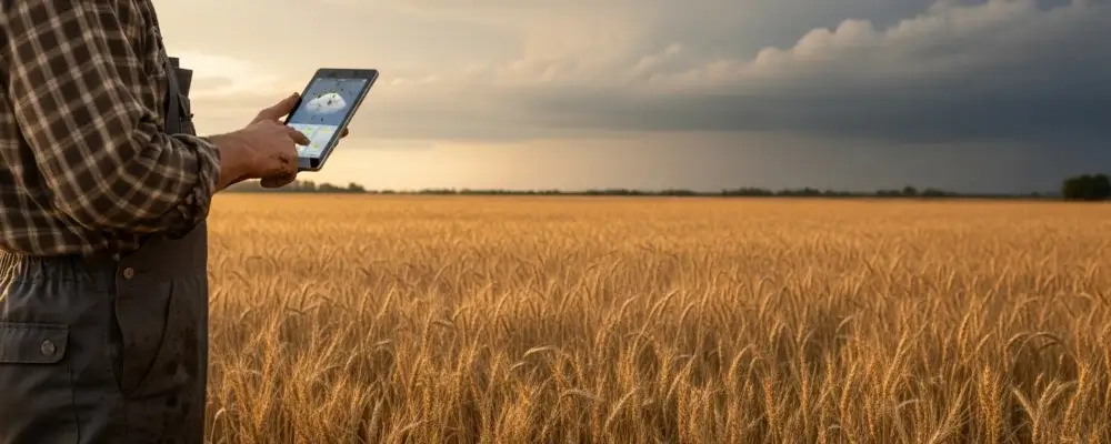 Un agriculteur qui consulte une application météo sur une tablette éclaboussée de boue dans un champ de blé ouvert à l'aube, avec des cultures dorées