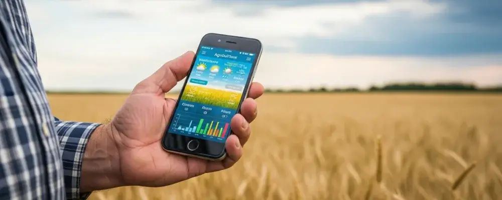Une main de fermier burinée tenant un smartphone affichant une application météo agricole colorée avec des prévisions de cultures et de pluie.