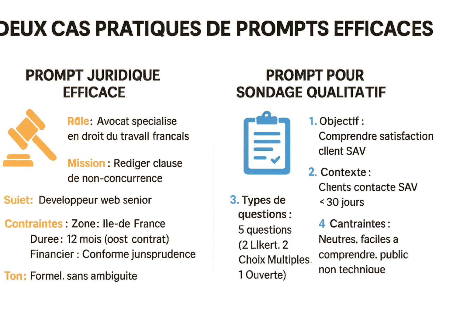 Illustration de création de prompts IA pour droit et sondages