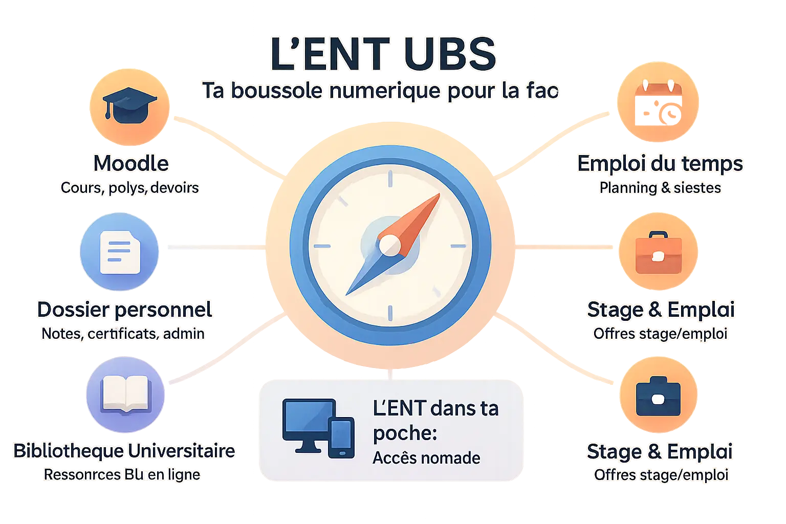 ENT UBS interface schématique avec flèches vers Moodle et autres services