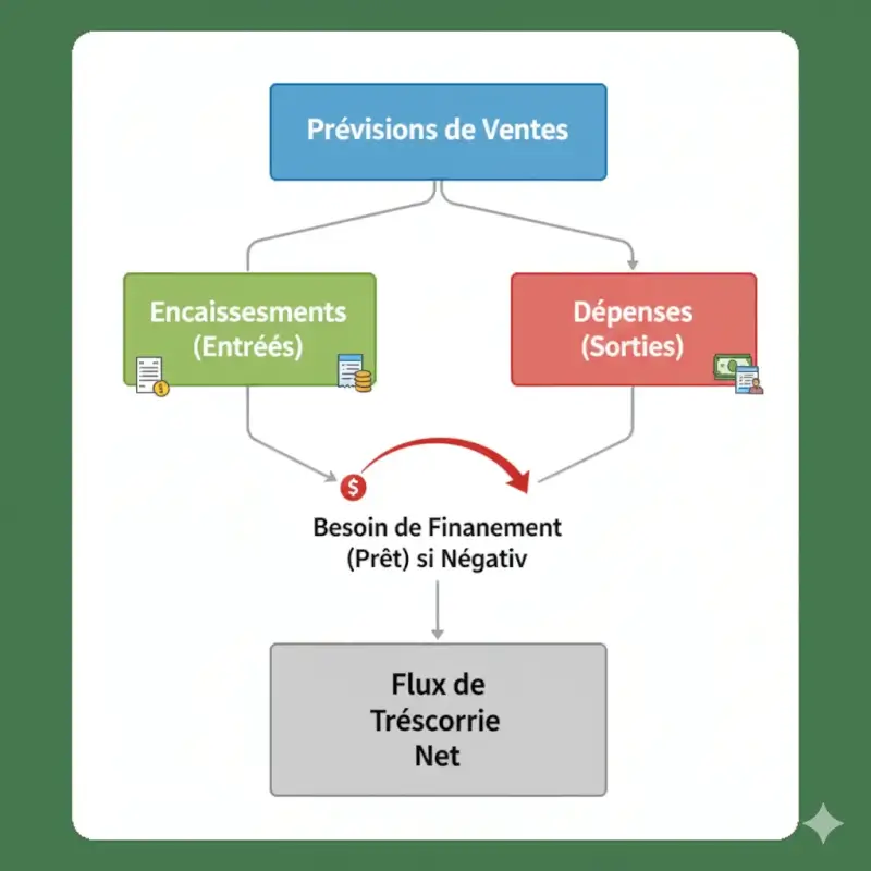 shema-prevision-pret-tresorerie-entreprise Schéma explication de la prévision des ventes avec un prêt de trésorerie pour entreprise.