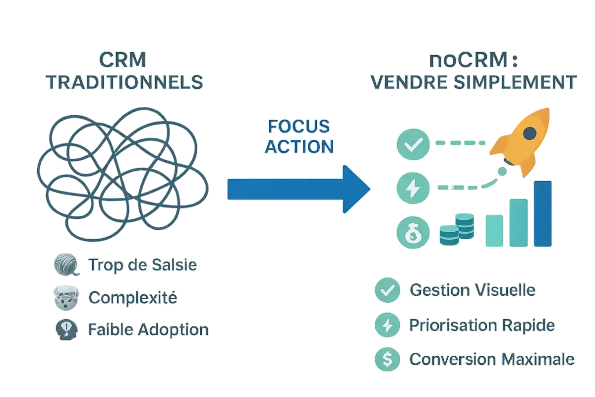 Comparaison visuelle entre un CRM traditionnel complexe et noCRM axé sur l'action commerciale.