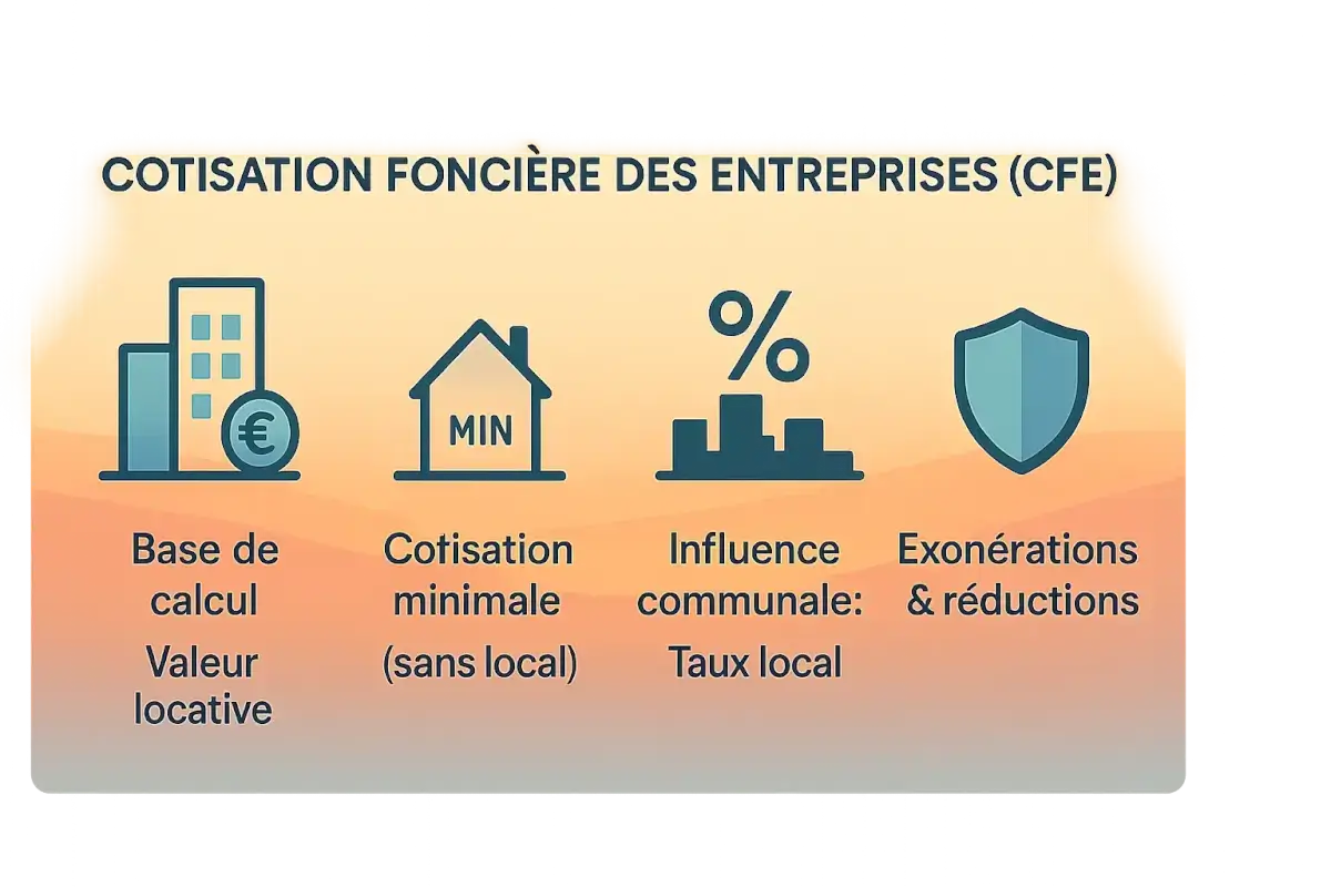 Infographie expliquant les 4 aspects clés du <strong>calcul de la CFE</strong> : valeur locative, cotisation minimale, taux communal et exonérations.