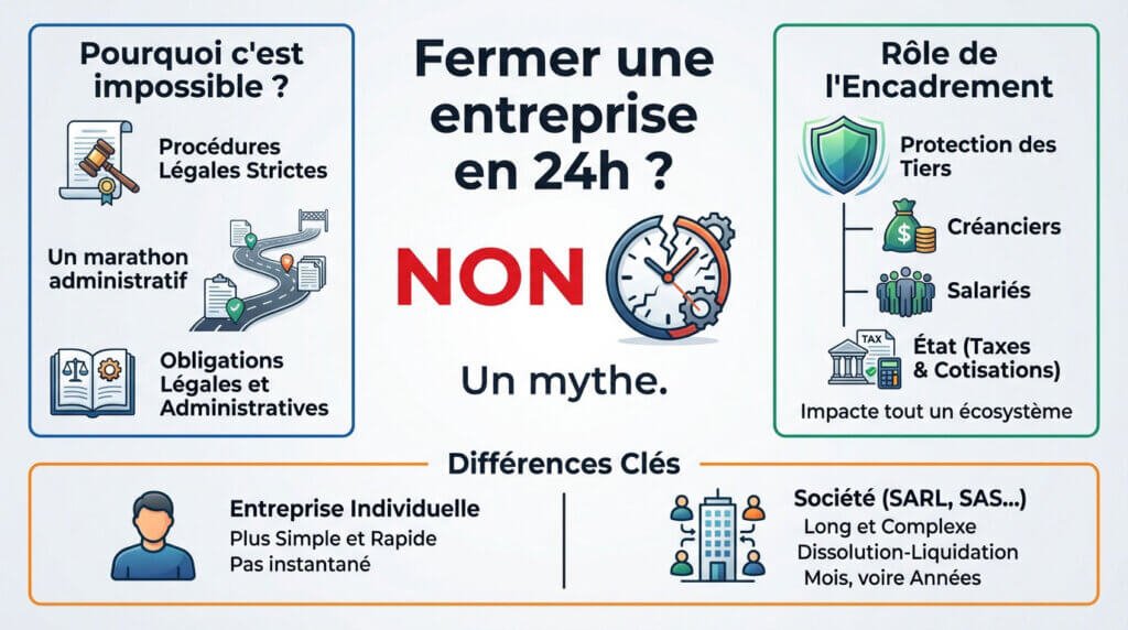 Infographie expliquant pourquoi la fermeture d'une entreprise est un processus long et complexe, démystifiant l'idée d'une clôture rapide.