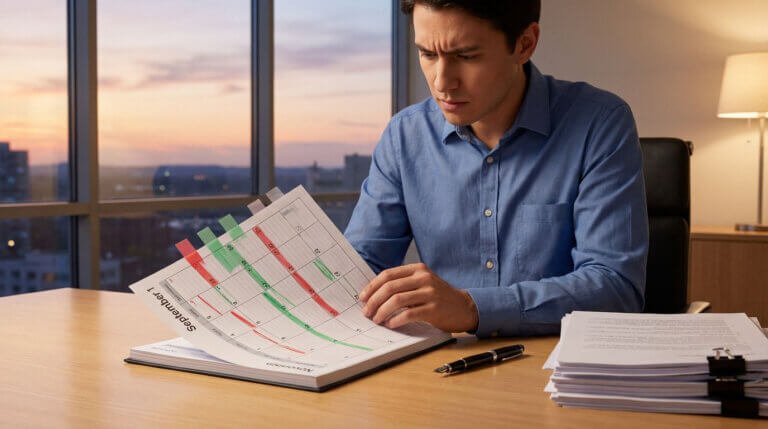 A man intently studies a large calendar with highlighted dates on a modern desk, alongside documents. Sunset glows outside a window.