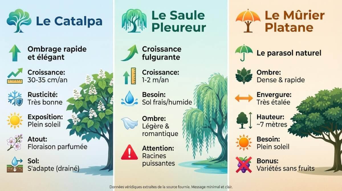 Arbre à croissance rapide offrant un ombrage dense dans un jardin ensoleillé