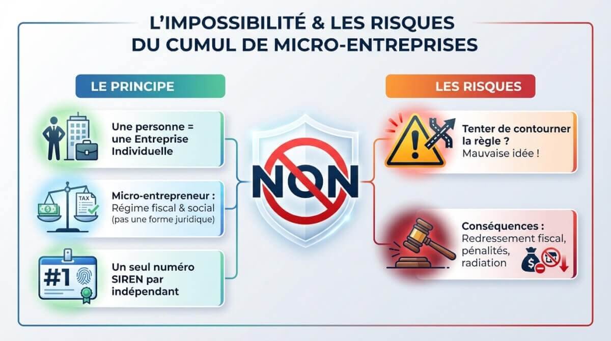 Illustration d'un entrepreneur face à l'impossibilité légale de créer deux micro-entreprises distinctes