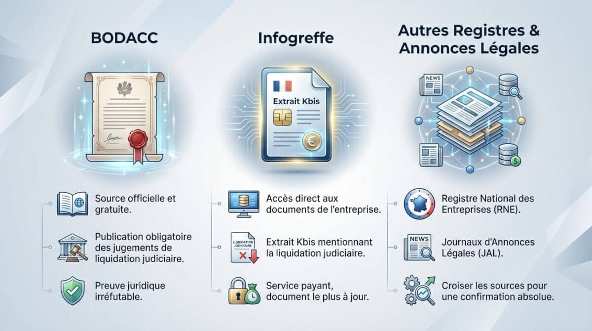 Consultation des sources officielles comme le <strong>BODACC</strong> et <strong>Infogreffe</strong> pour vérifier une <strong>liquidation judiciaire</strong>