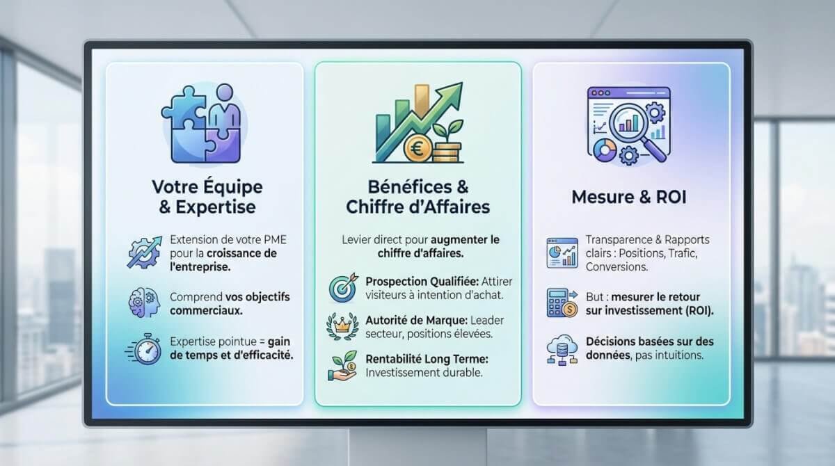 Illustration d'une agence SEO agissant comme <strong>partenaire stratégique</strong> pour la croissance d'une PME