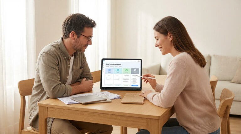 Deux personnes comparent des devis de rénovation sur une tablette, avec des échantillons de matériaux sur une table en bois clair. Ambiance sereine.