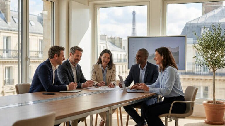 Diverse team of 5 professionals collaborating at a modern conference table in a bright Paris meeting room with Eiffel Tower view.