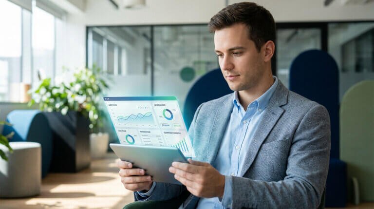 A young entrepreneur in a modern office thoughtfully reviews a financial dashboard on a digital tablet, showing graphs and data.