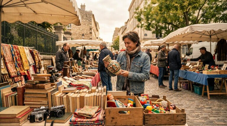 A smiling woman in a denim jacket joyfully examines a colorful vintage vase at a bustling outdoor French flea market, surrounded by stalls of old books, cameras, and textiles under soft daylight.