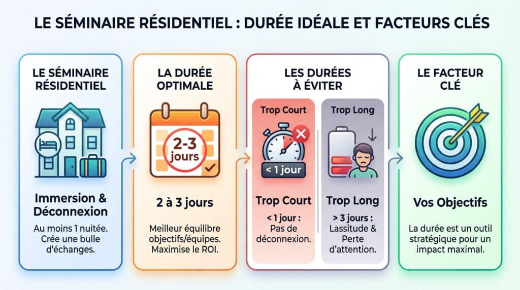 Infographie sur la durée idéale d'un séminaire résidentiel (2-3 jours), expliquant l'immersion, les durées à éviter (3 jours) et l'importance des objectifs.