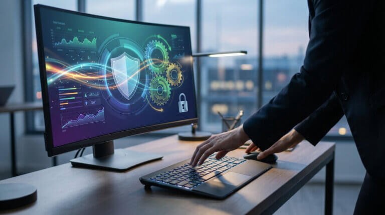 A person interacts with a modern computer displaying a digital dashboard with security shield, gears, and data streams, signifying optimized system control.