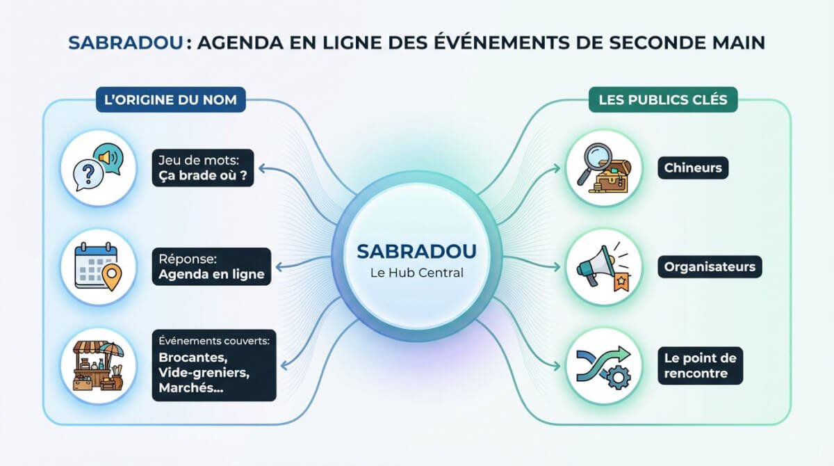 Interface de l'agenda en ligne Sabradou pour trouver des brocantes et vide-greniers