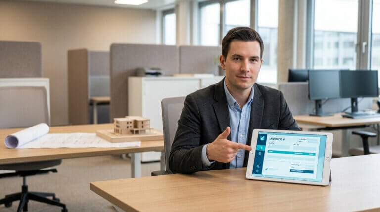 A professional in a modern office points to a tablet showing a digital invoice. Blueprints and an architectural model are visible in the background.
