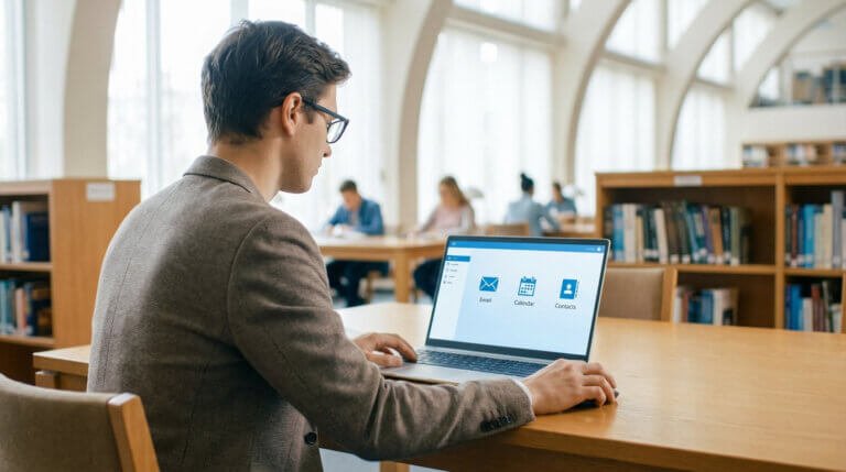 Focused student in modern library accessing academic portal on laptop, displaying email, calendar, contacts icons.