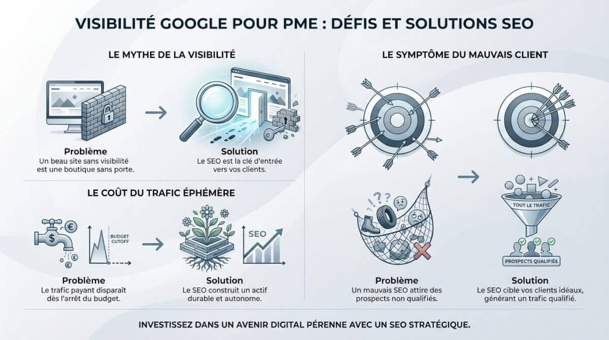 Illustration des défis de visibilité sur Google pour une PME et solutions SEO
