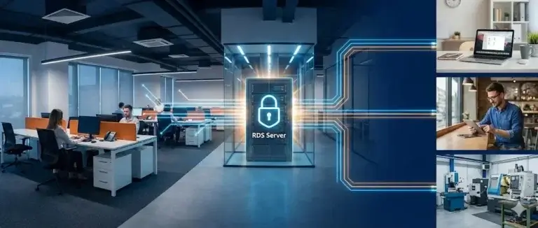 Bureau de PME moderne connecté à distance via un serveur RDS sécurisé pour le télétravail.