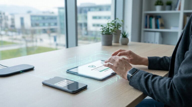 Une personne gère ses appareils (tablette, smartphone) avec des flux de données sécurisés en contexte de bureau moderne.