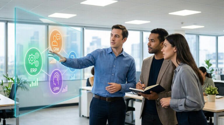 Three professionals in a modern office. One points to ERP, CRM, SIRH icons on a transparent digital display. Two colleagues observe.