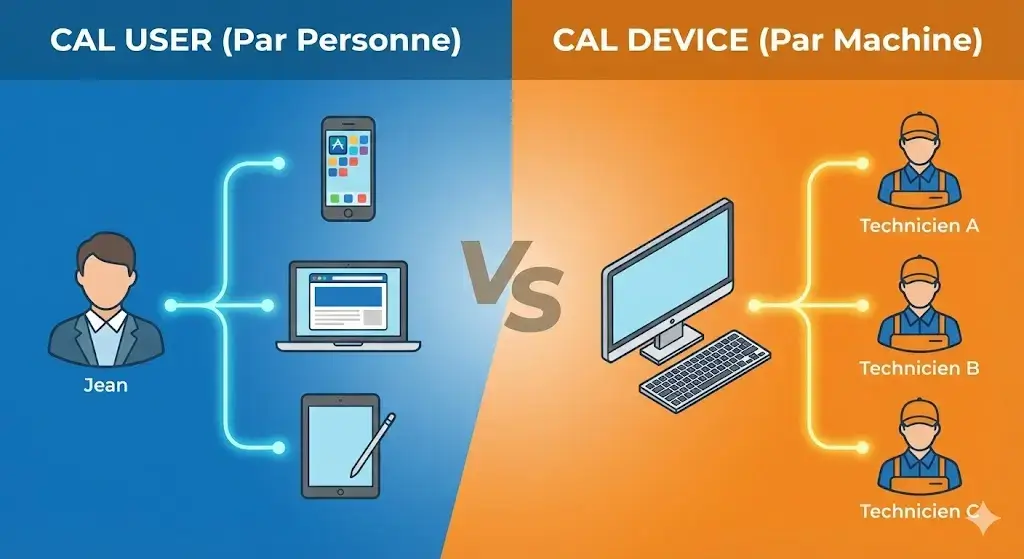 call-user-call-device Infographie comparative : CAL RDS par utilisateur (multi-appareils) vs CAL RDS par appareil (multi-utilisateurs)