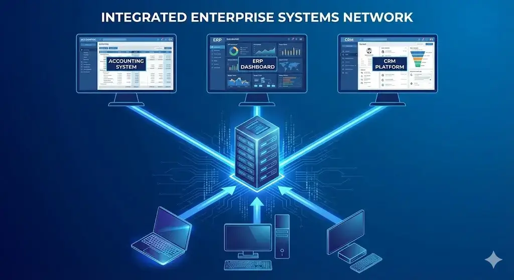 crm-plateforme Schéma technique montrant la centralisation d'applications métiers sur un serveur Windows Server pour accès distan