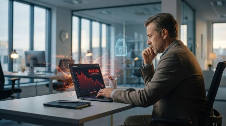 Homme d'affaires inquiet fixant son PC : écran affichant une perte de 466 000 € avec graphique en baisse et bouclier de cybersécurité. Contexte de cyberattaque PME.
