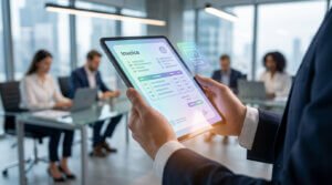 Personne tenant une tablette affichant une facture électronique holographique avec icône 2026. Bureau moderne avec collègues.