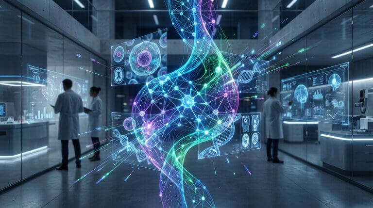 Des scientifiques dans un laboratoire futuriste analysent des données médicales via des hologrammes lumineux, avec des structures ADN et neuronales en 3D.