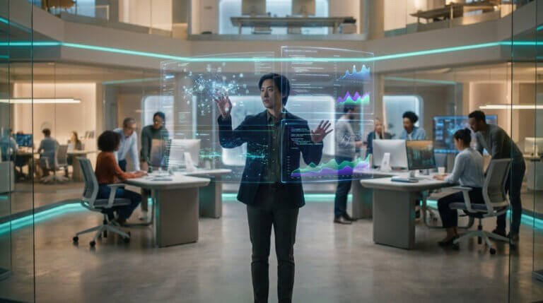 Homme interagit avec des interfaces holographiques de données dans un bureau moderne et lumineux, entouré de collègues.