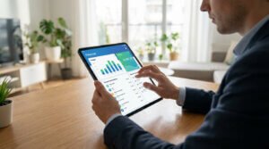 Un homme gère ses finances personnelles sur une tablette, affichant des graphiques de budget et transactions. Scène d'intérieur moderne.