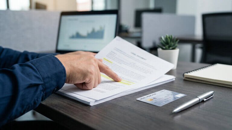 Mão apontando para parágrafo destacado em documento legal, com cartão de vale-refeição e caneta em mesa de escritório.