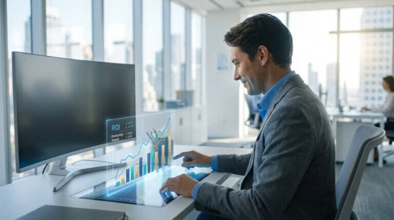 A man in a modern office analyzes interactive digital financial charts showing ROI and growth, pointing at data with a focused, confident expression.