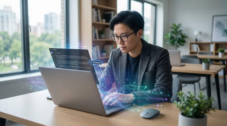 Homme concentré tapant sur un laptop affichant "AI Assist", symbolisant la rédaction de contenu boostée par l'IA pour WordPress.