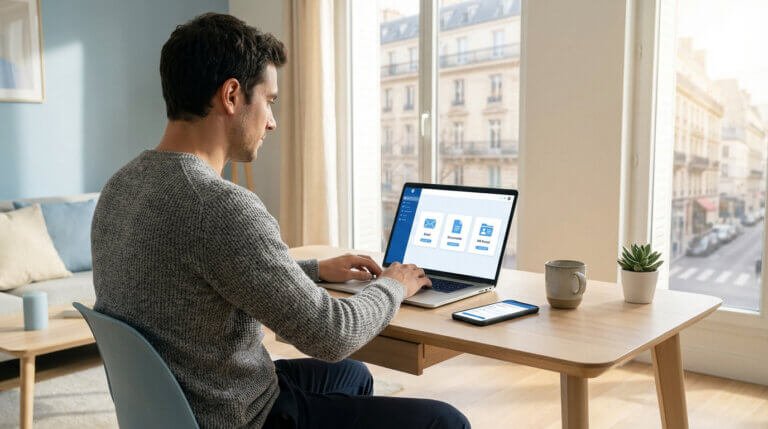Homme travaillant sur un ordinateur portable affichant des icônes d'accès (e-mail, documents, portail RH) depuis un intérieur avec vue parisienne.