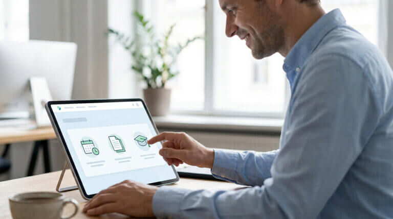 Homme souriant utilisant une tablette tactile pour naviguer sur un portail web avec des icônes de planification, documents et formation.