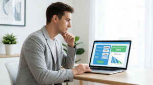 Un homme concentré utilise une calculatrice de prêt en ligne sur son ordinateur portable.