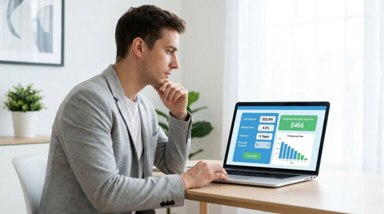 Un homme concentré utilise une calculatrice de prêt en ligne sur son ordinateur portable.